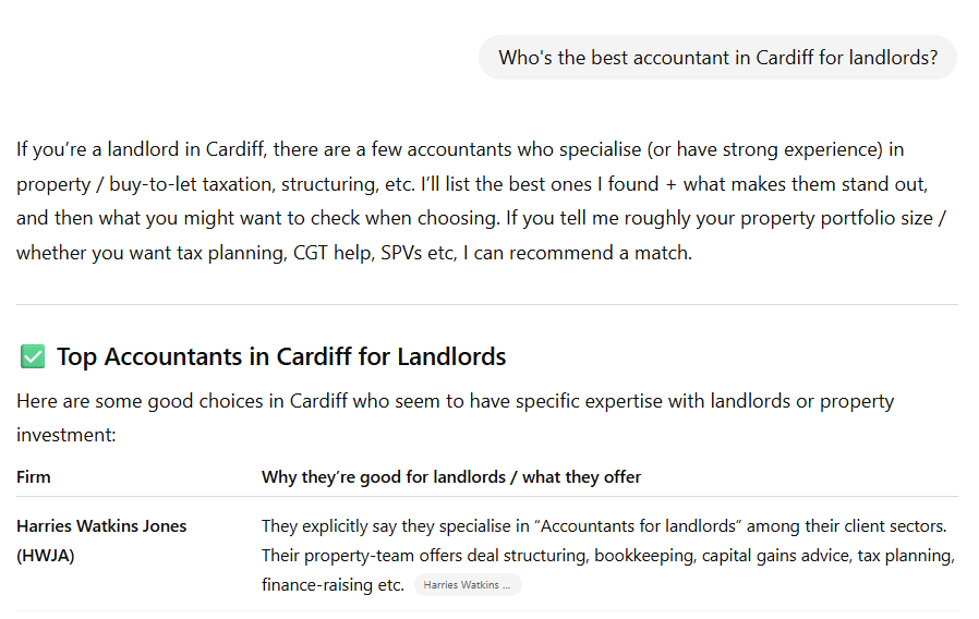 ChatGPT Result: Who's the best accountant in Cardiff for landlords