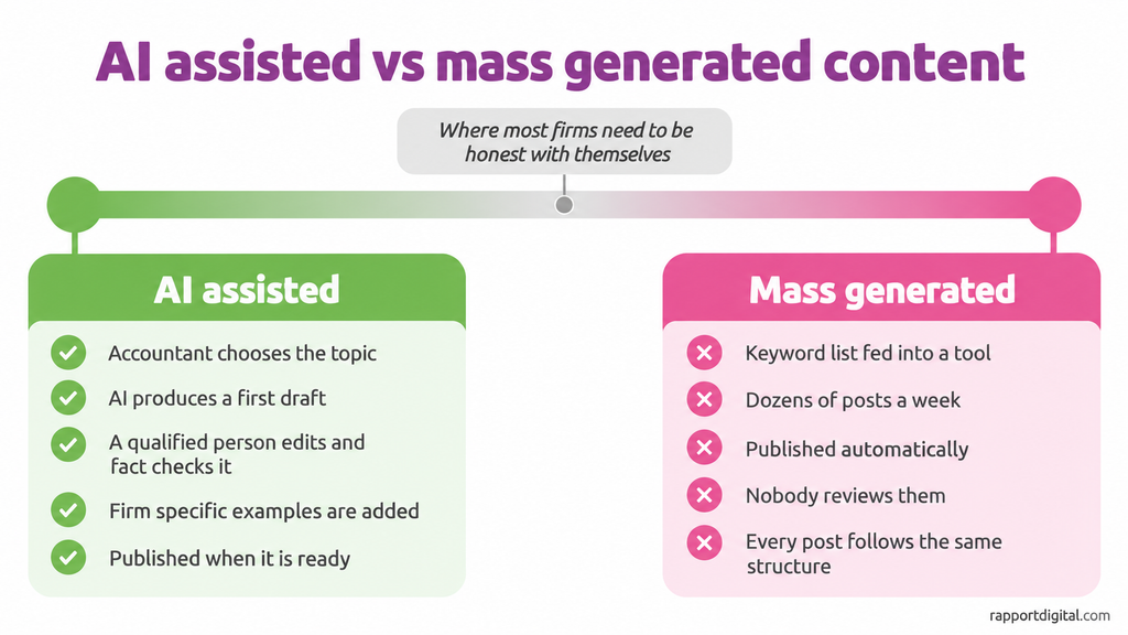 Spectrum showing the difference between AI assisted content and mass generated AI content